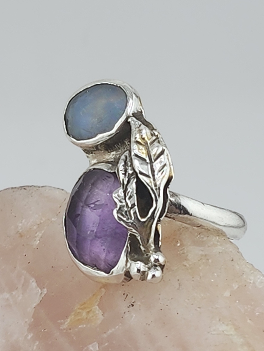 OPAL & AQUAMARINE HANDMADE RING IN STERLING SILVER SZ 8.5